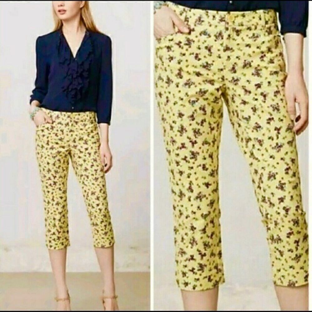 ANTHROPOLOGIE CARTONNIER Floral Cropped Pants in Yellow Size 10